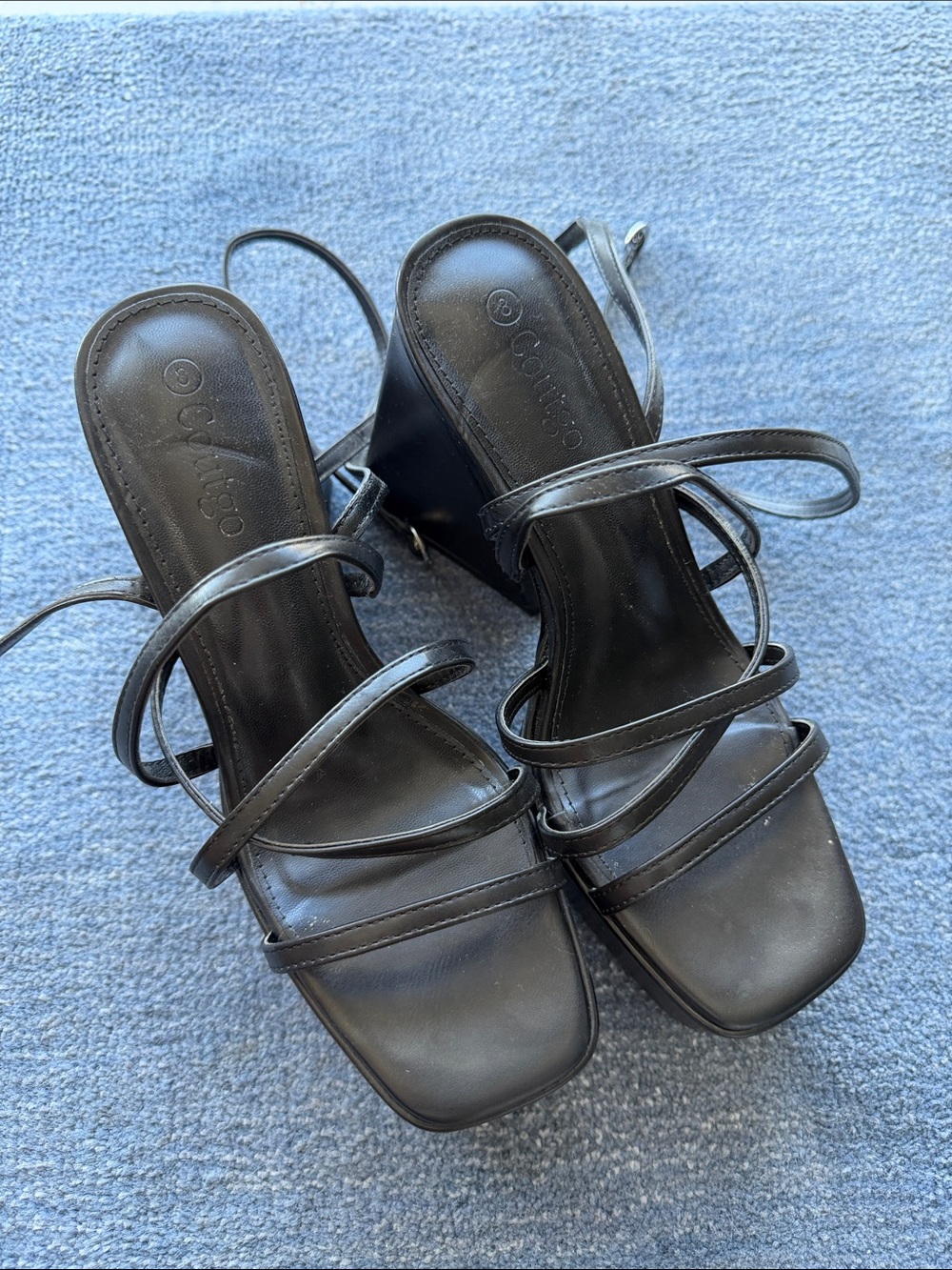 Women's Black Strappy Square-Toe Heels